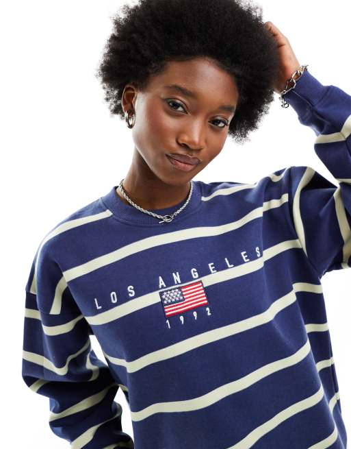 Daisy Street relaxed sweatshirt with LA embroidery in navy and cream stripe