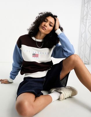 daisy Street relaxed sweatshirt with LA graphic in blue brown multi