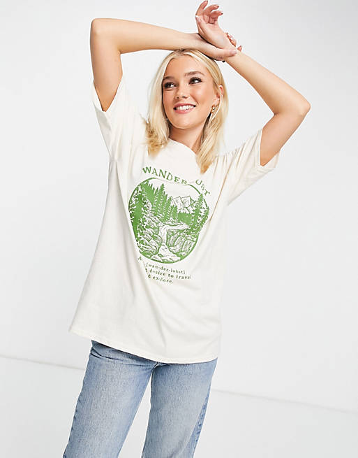 Daisy Street relaxed t-shirt in stone with wanderlust graphic