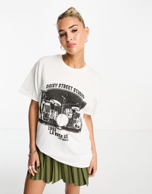Daisy Street relaxed t-shirt with band graphic in white