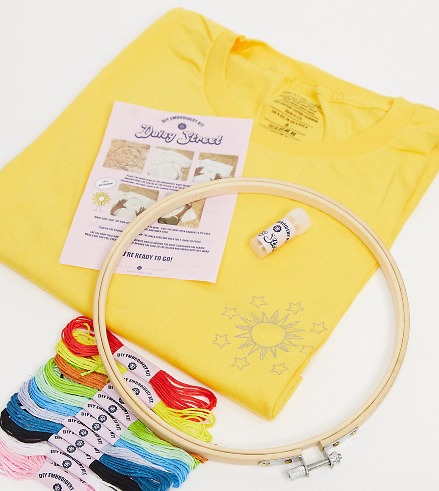 Daisy Street relaxed t-shirt with celestial DIY embroidery kit-Yellow