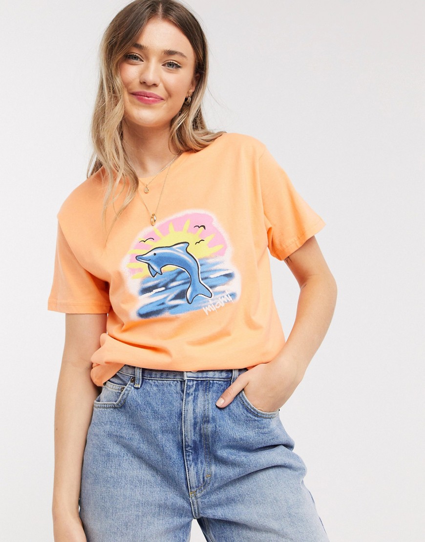 Daisy Street relaxed t-shirt with holiday dolphins print in melon-Orange