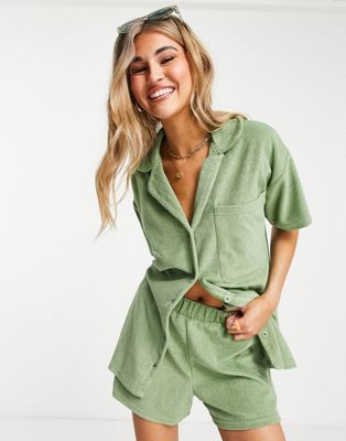 Daisy Street relaxed towelling shirt in green co-ord