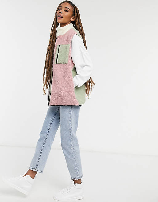 Daisy Street relaxed vest in color block teddy