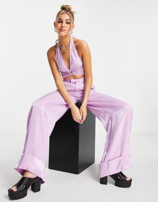 Daisy Street relaxed wide leg pants in shimmer lilac (part of a set) | ASOS