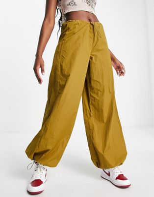 Daisy Street relaxed wide leg parachute pants with drawstring waist in khaki