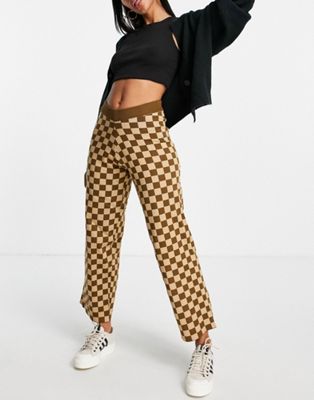 Daisy Street relaxed wide leg trousers in brown checkerboard knit co-ord - ASOS Price Checker