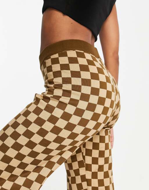 Daisy Street relaxed wide leg trousers in brown checkerboard knit co-ord, 3 of 4
