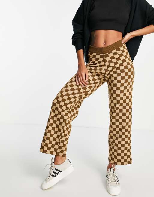 Daisy Street relaxed wide leg trousers in brown checkerboard knit co-ord, 4 of 4