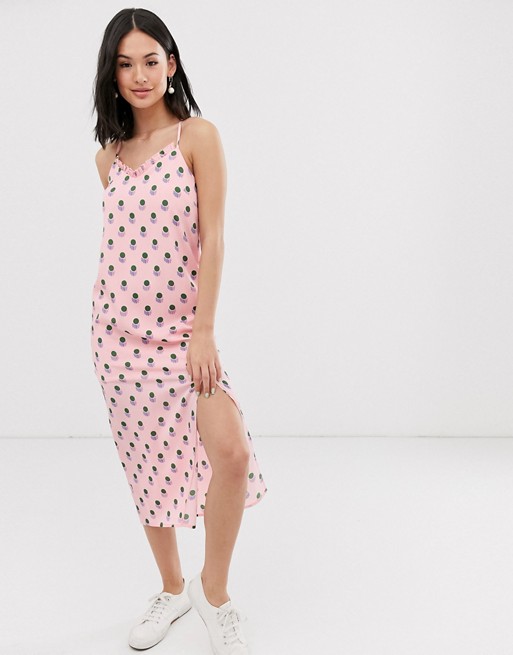 Daisy Street cami strap midi dress with thigh split in graphic spot print