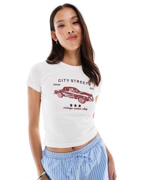 Daisy Street retro city streets graphic baby tee in white - view 1