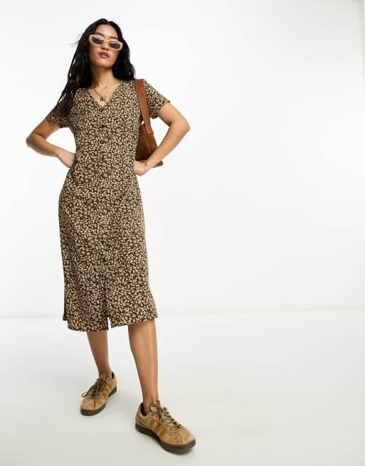 Daisy Street retro midi shirt dress in brown ditsy