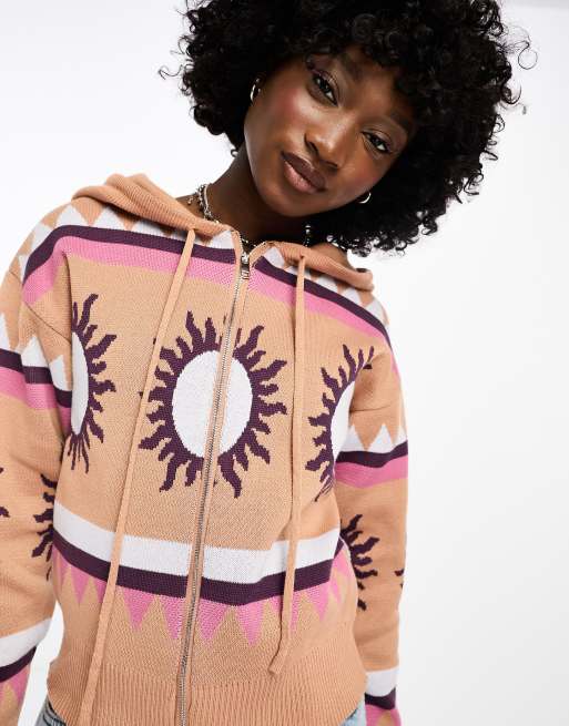 Daisy Street retro zip knit hoodie in celestial print | ASOS