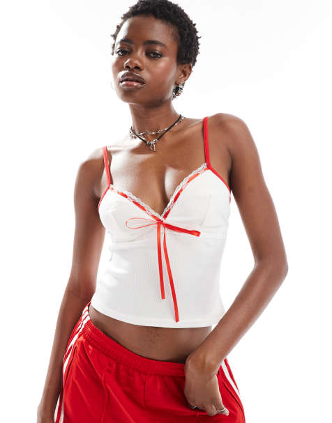 Daisy Street rib cami top with red ribbon detail - view 1