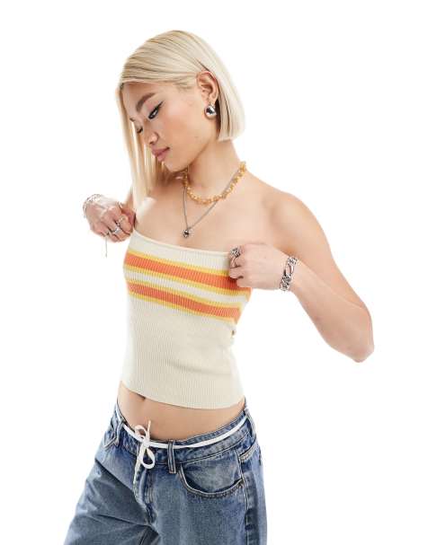 Daisy Street rib knitted bandeau top in contrast stripe - view 1