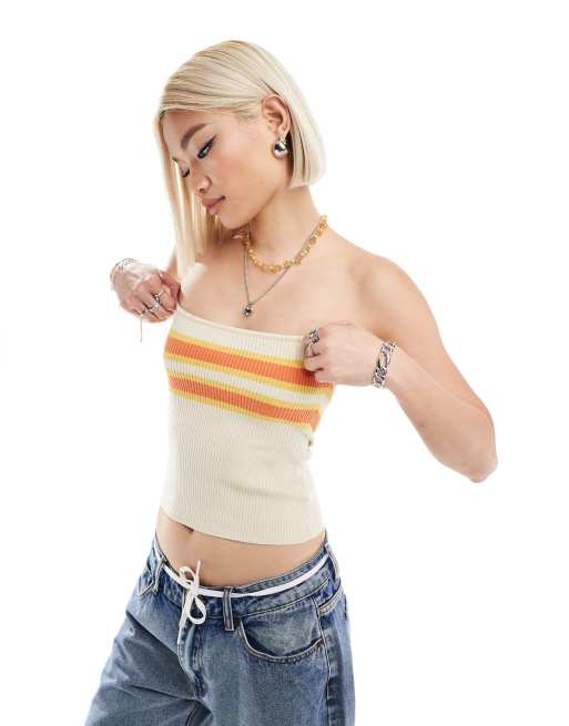Daisy Street rib knitted bandeau top in contrast stripe
