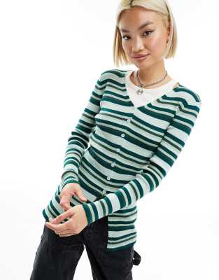 Daisy Street rib knitted cardigan in green stripe - ASOS Price Checker