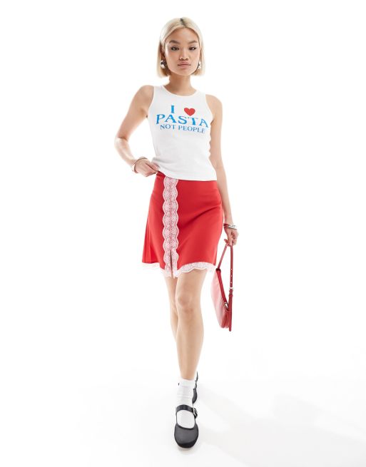 Daisy Street rib racer singlet with pasta graphic in white, 2 of 4