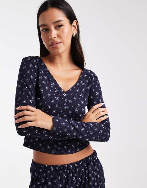 Daisy Street ribbed ditsy floral button down pyjama top - view 1