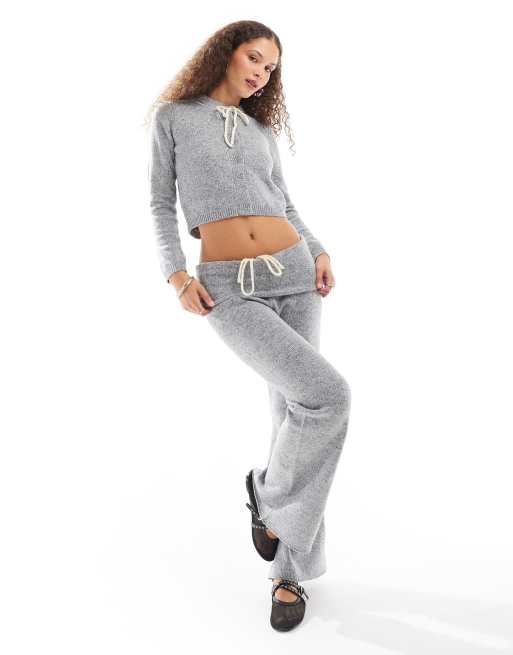 Daisy Street ribbon bow fold over flare fit knit pants in gray - part of a set