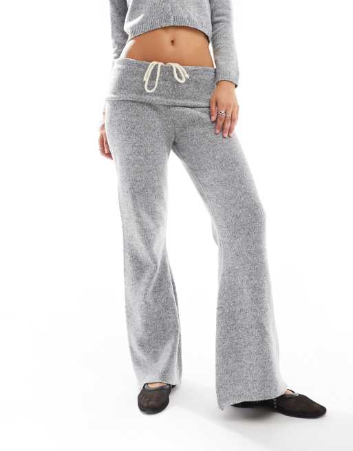 Daisy Street ribbon bow fold over flare fit knit pants in gray 
