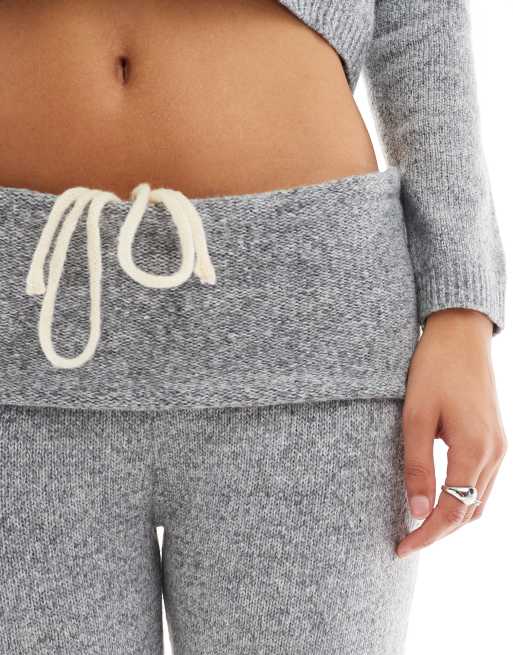 Daisy Street ribbon bow fold over flare fit knit pants in gray 