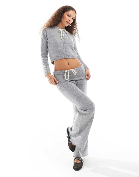 Daisy Street ribbon bow fold over flare fit knit trousers in grey co-ord - view 1