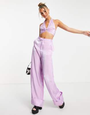 Daisy Street ring detail halter neck crop top in shimmer lilac co-ord - ASOS Price Checker