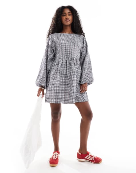 Daisy Street - Robe babydoll à imprimé fleuri et manches longues - Noir vichy - view 1