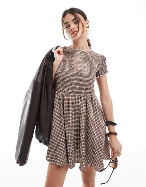 Daisy Street - Robe babydoll courte à carreaux - Marron - view 1
