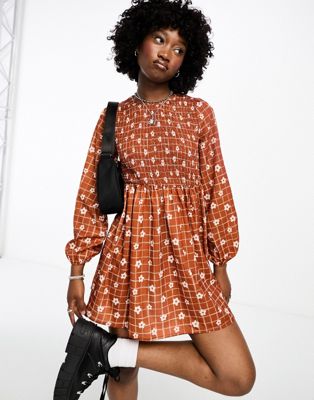 Daisy Street mini smock dress in orange checkerboard floral - ASOS Price Checker