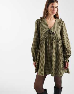 Street - Robe babydoll courte à volants et manches longues - Marron kaki-Multicolore 38