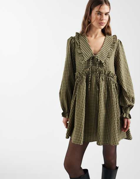 Daisy Street - Robe babydoll courte à volants et manches longues - Marron kaki - view 1