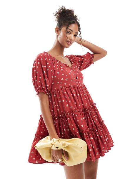 Daisy Street - Robe babydoll courte à volants - Rouge à petites fleurs - view 1