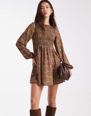 Street - Robe babydoll courte et froncée avec petites fleurs style années 70 - Marron-Multicolore 52
