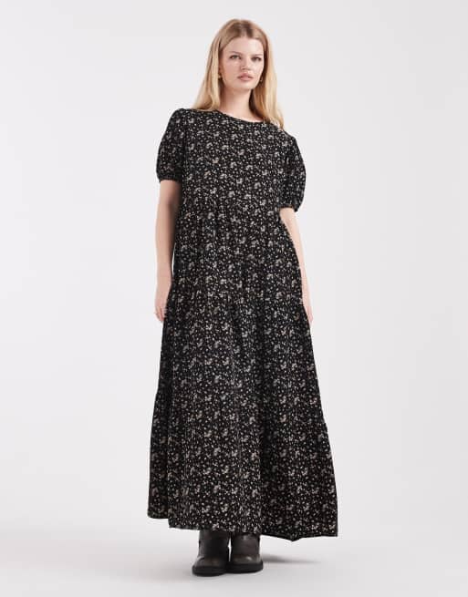 Daisy Street - Robe babydoll longue étagée à fleurs - Noir