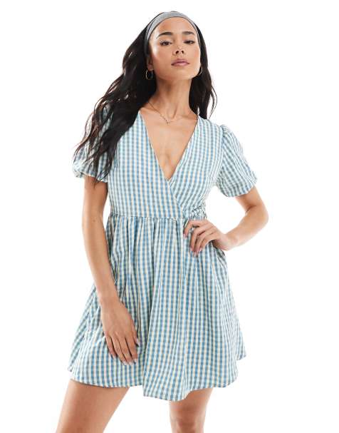 Daisy Street - Robe courte à carreaux avec manches bouffantes et taille nouée - Bleu - view 1