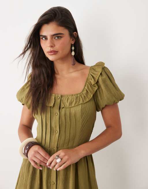 Daisy Street - Robe courte boutonnée à manches bouffantes et encolure volantée - Olive, 2 de 4