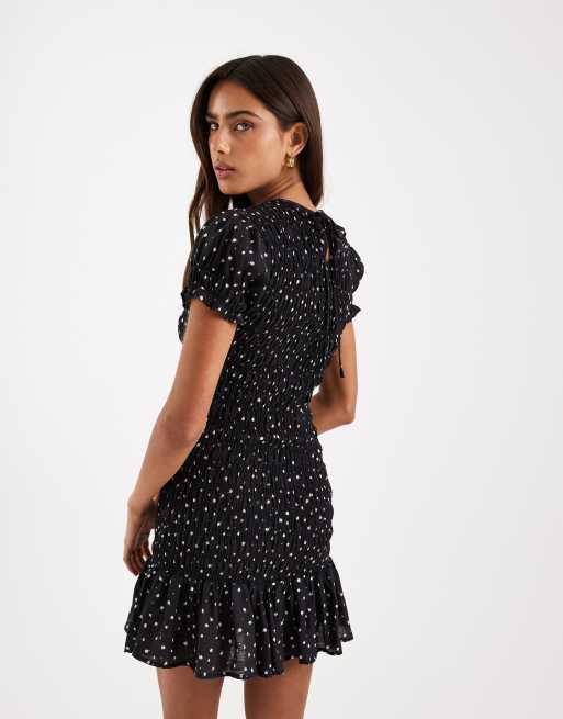 Daisy Street - Robe courte froncée à petites fleurs avec manches volantées bouffantes - Noir, 4 de 4