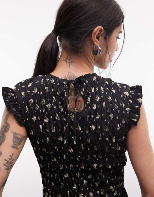 Daisy Street - Robe courte froncée à petites fleurs et manches volantées - Noir, 2 de 4