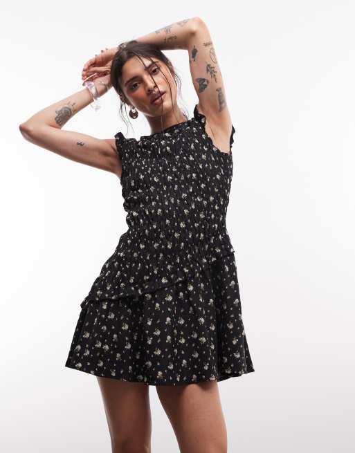 Daisy Street - Robe courte froncée à petites fleurs et manches volantées - Noir, 3 de 4