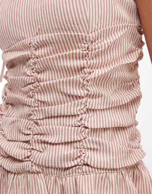 Daisy Street - Robe courte froncée à rayures avec taille basse et bretelles nouées - Rose, 3 de 4