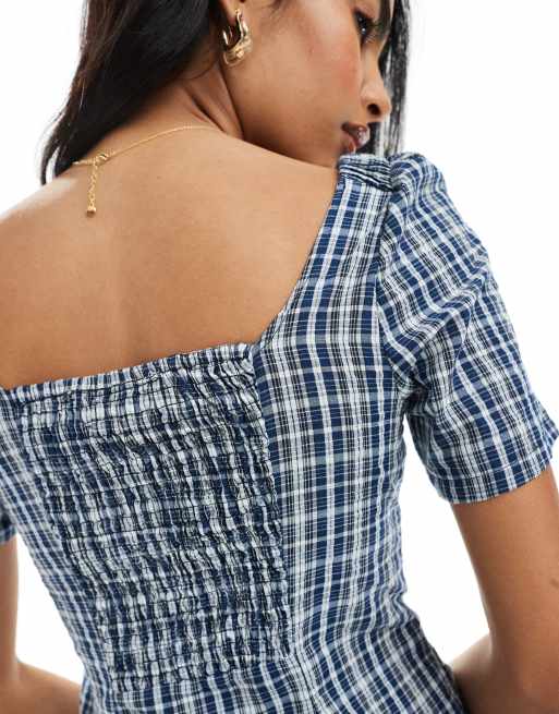 Daisy Street - Robe courte tendance folk boutonnée devant à carreaux - Bleu marine, 3 de 4
