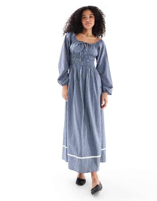 Daisy Street - Robe longue nouée sur le devant à manches longues avec fronces - Bleu clair à rayures, 2 de 4