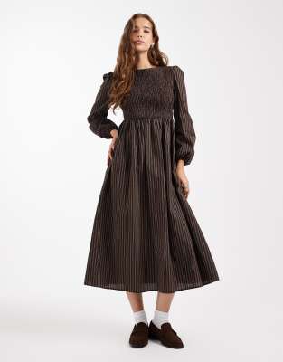 Street - Robe longueur mollet à rayures avec manches volumineuses - Marron-Multicolore 36