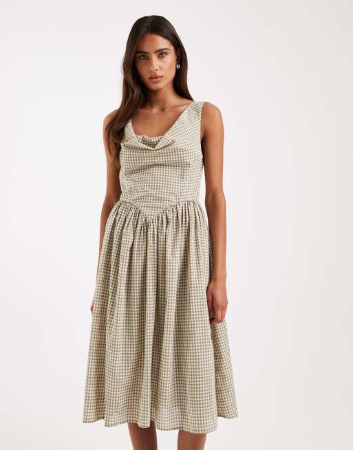 Daisy Street - Robe mi-longue à taille tombante et jupe ample - Vichy blanc et vert, 2 de 4
