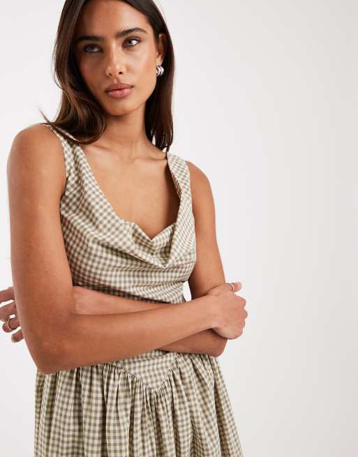 Daisy Street - Robe mi-longue à taille tombante et jupe ample - Vichy blanc et vert, 3 de 4