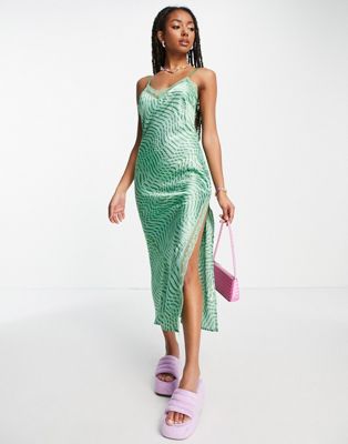 Daisy Street cami slip midi dress with lace trim in wavy green satin  - ASOS Price Checker