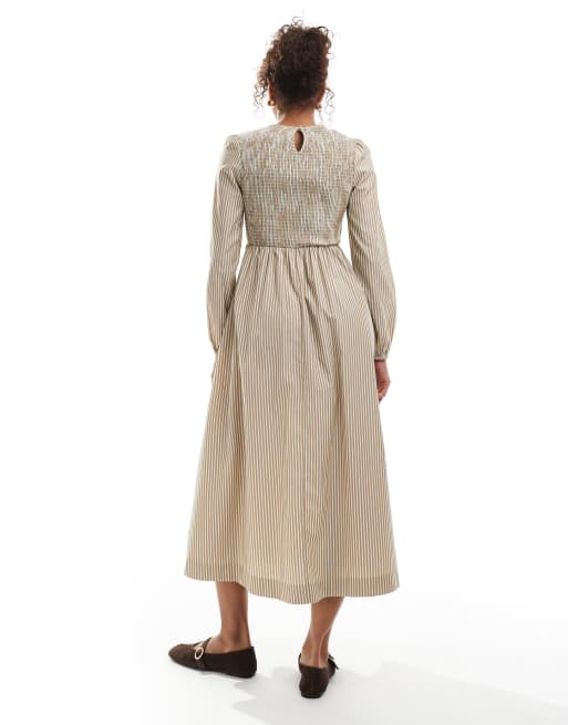 Daisy Street - Robe rayée longueur mollet à manches longues et buste froncé - Naturel, 2 de 4