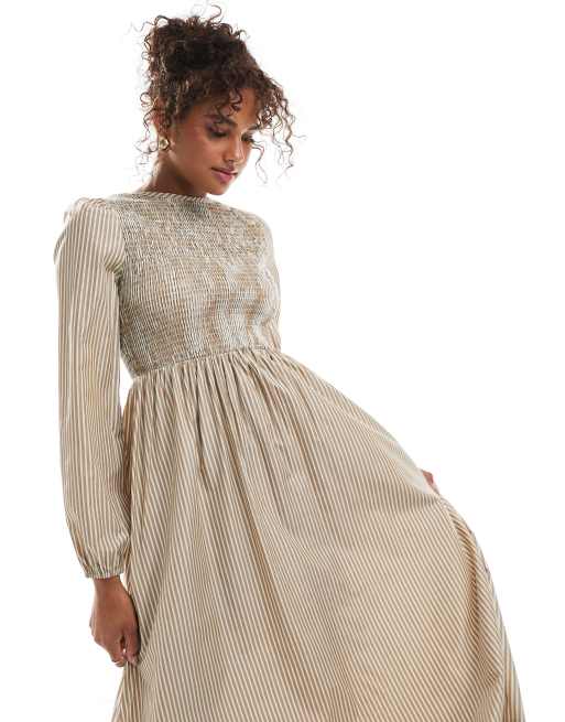 Daisy Street - Robe rayée longueur mollet à manches longues et buste froncé - Naturel, 4 de 4